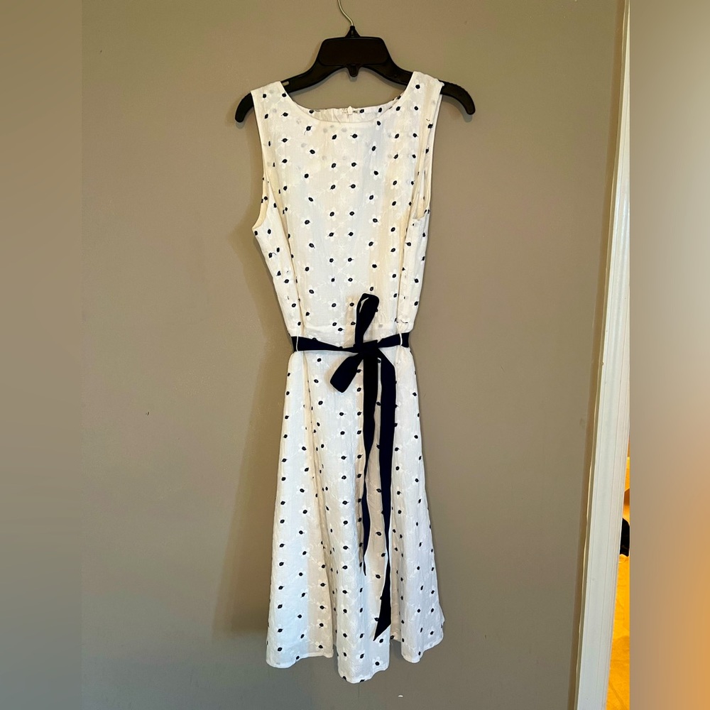 Pretty white with blue polka dot A-lined dress.  Worn once